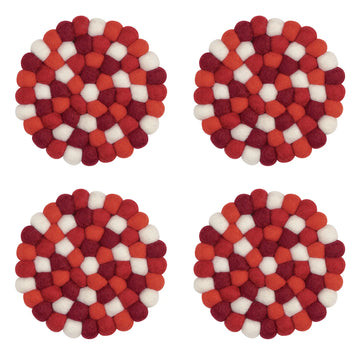 MODWOOL Felt Ball Four Piece Round Coaster Set - Red/White