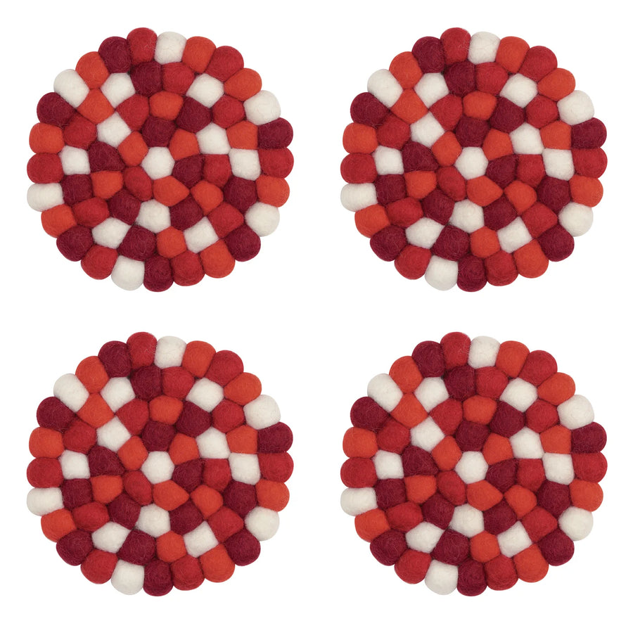 MODWOOL Felt Ball Four Piece Round Coaster Set - Red/White