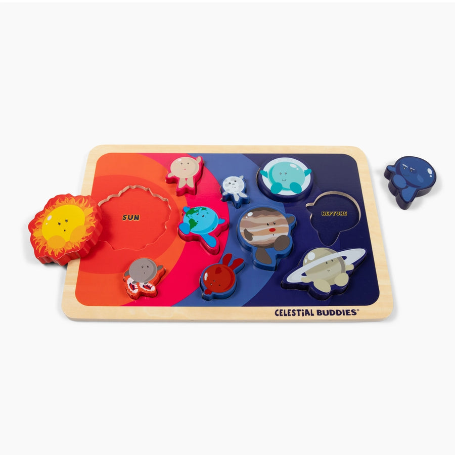 Wooden puzzle with celestial designs and 'Celestial Buddies' branding on a white background