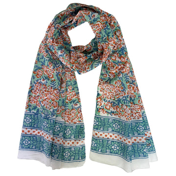 Amara Hand Block Printed Scarf: Lt. Green/Coral