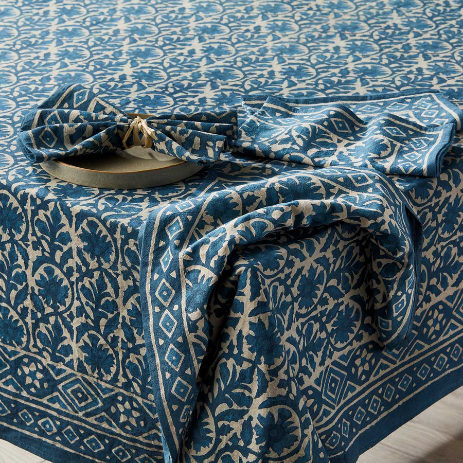 Indigo Dabu Jasmine Block Print Tablecloth