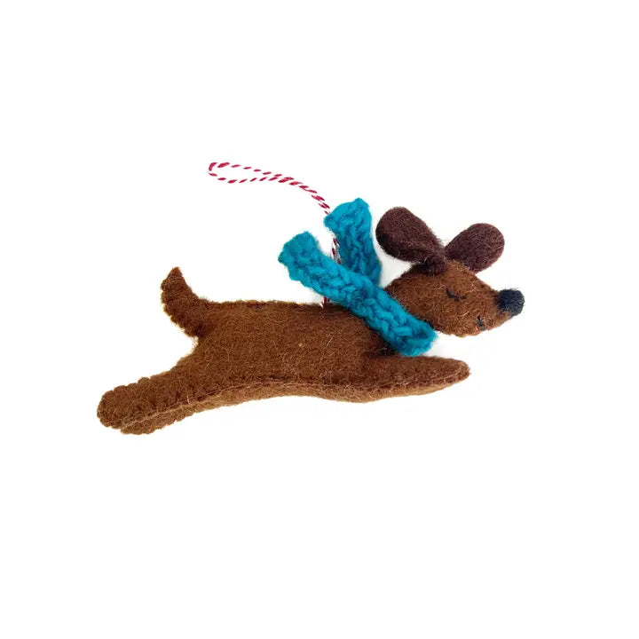 Dog Jumping with Blue Scarf Felt Wool Ornament