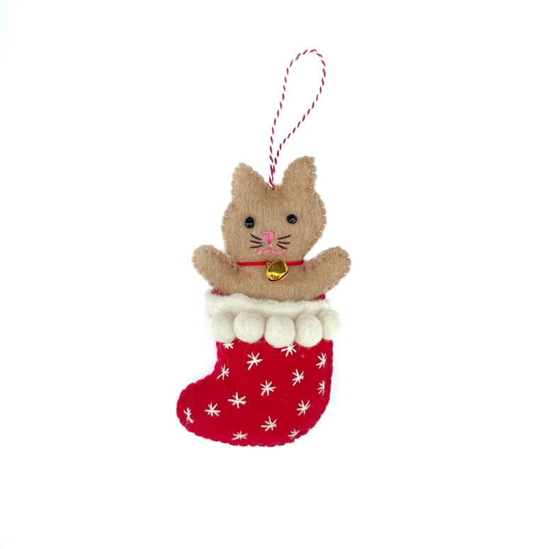 Cat in Stocking Felt Wool Ornament