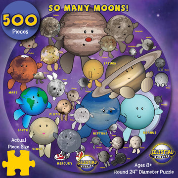 Round puzzle with cartoon planets and moons on a purple background, featuring Celestial Buddies branding.