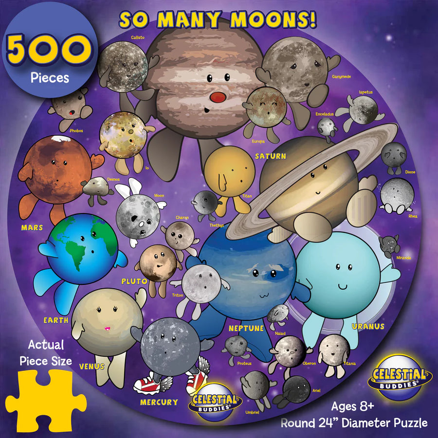 Round puzzle with cartoon planets and moons on a purple background, featuring Celestial Buddies branding.