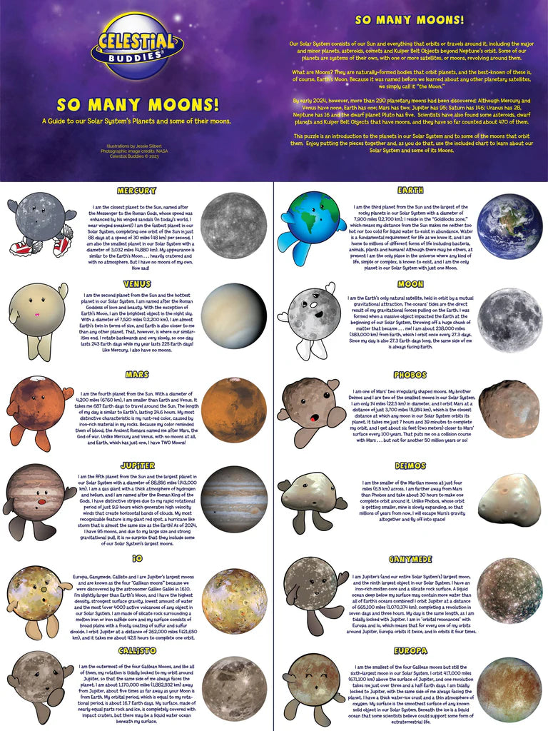 Educational poster about moons with cartoon illustrations and text on a purple background