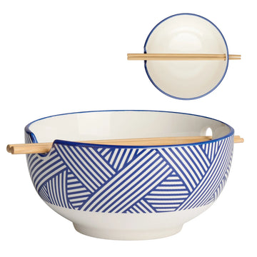 Kiri Porcelain Noodle Bowl with Chopsticks - Blue Zen Weave