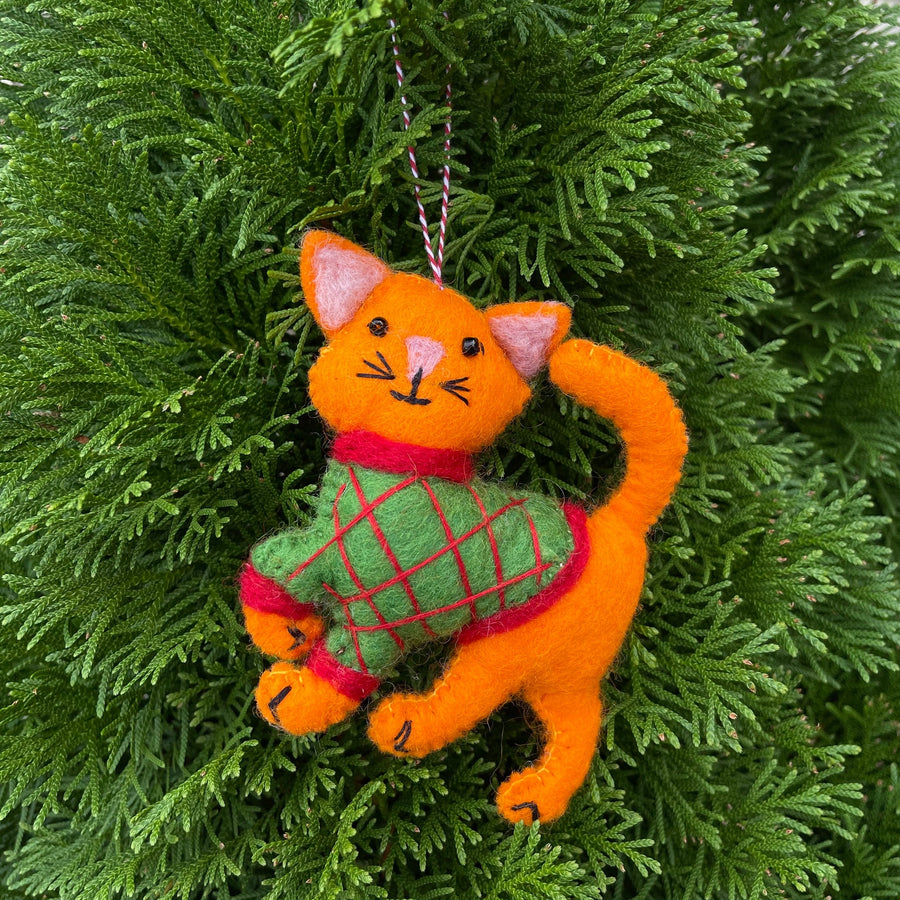 Orange Cat in Sweater Ornament, Felt Wool