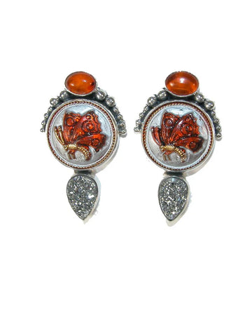 Dragonfly Czech Glass, Drusy Drop, Hessonite SS Earrings