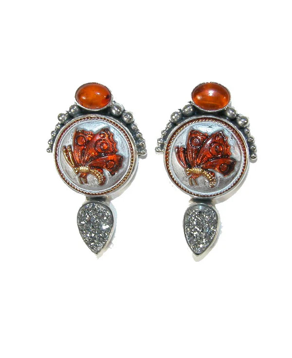 Dragonfly Czech Glass, Drusy Drop, Hessonite SS Earrings
