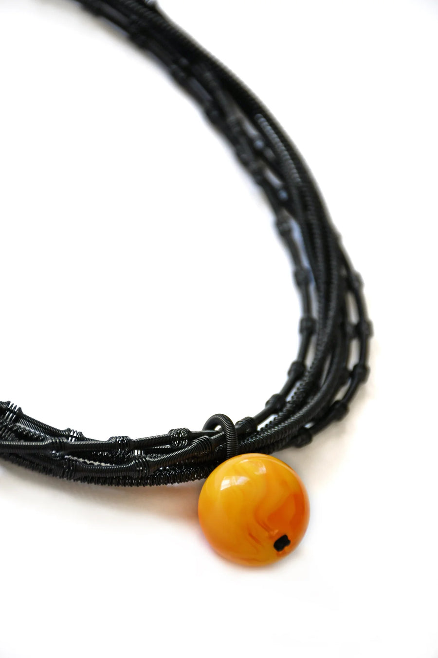 Multi Strand Textured Black Wire Necklace with Yellow Resin Bead