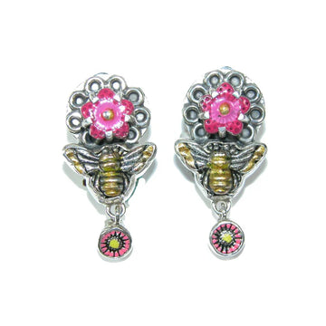 Hand Enamel Bee and Flower SS Earrings