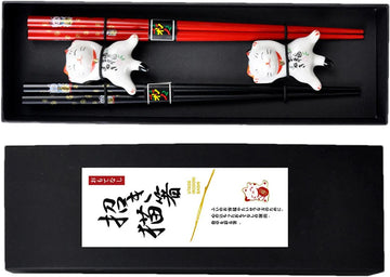 Red & Black Lucky Cat Bamboo Chopsticks