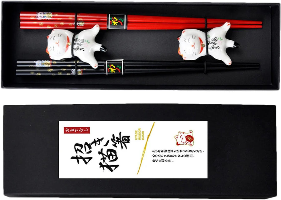 Red & Black Lucky Cat Bamboo Chopsticks