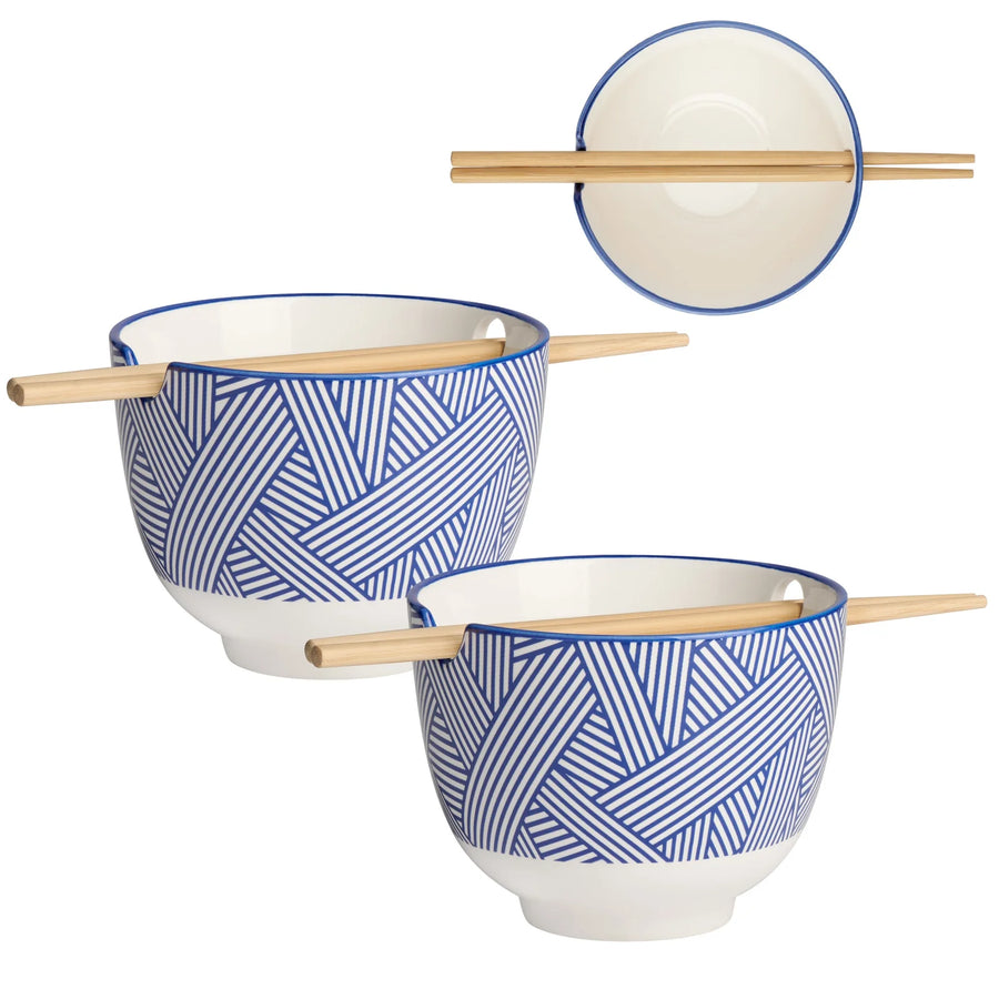 Kiri Porcelain Noodle Bowl with Chopsticks Set of 2 - Blue Zen Weave