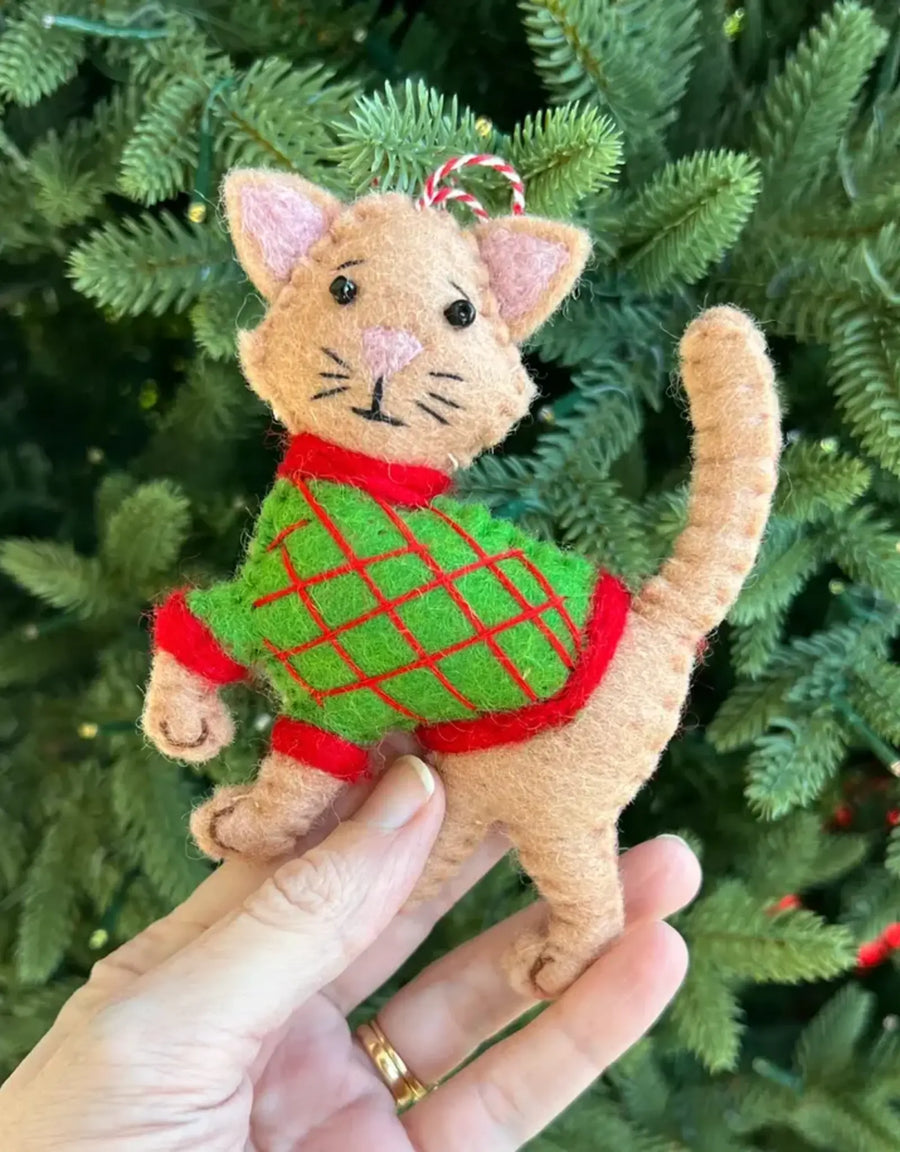 Tan Cat in Sweater Ornament, Felt Wool