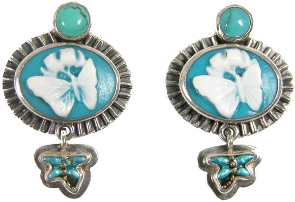 Butterfly Cameo, Turquoise, Enamel, SS Earring