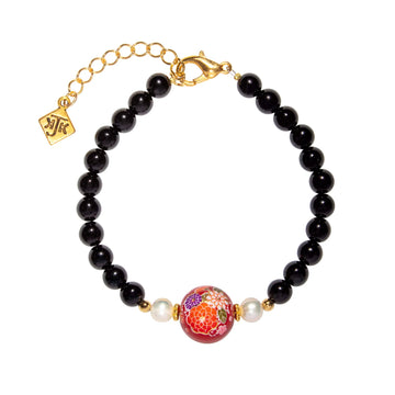 Red Tensha Flower w/Pearl & Onyx Bracelet