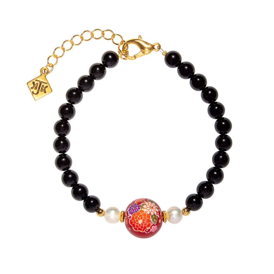 Red Tensha Flower w/Pearl & Onyx Bracelet