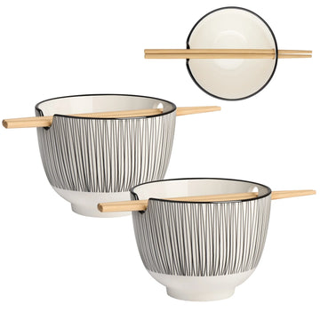 Kiri Porcelain Noodle Bowl with Chopsticks Set of 2 - Black Line