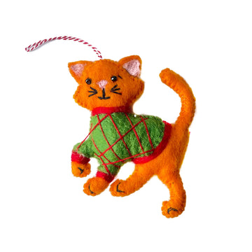 Orange Cat in Sweater Ornament, Felt Wool