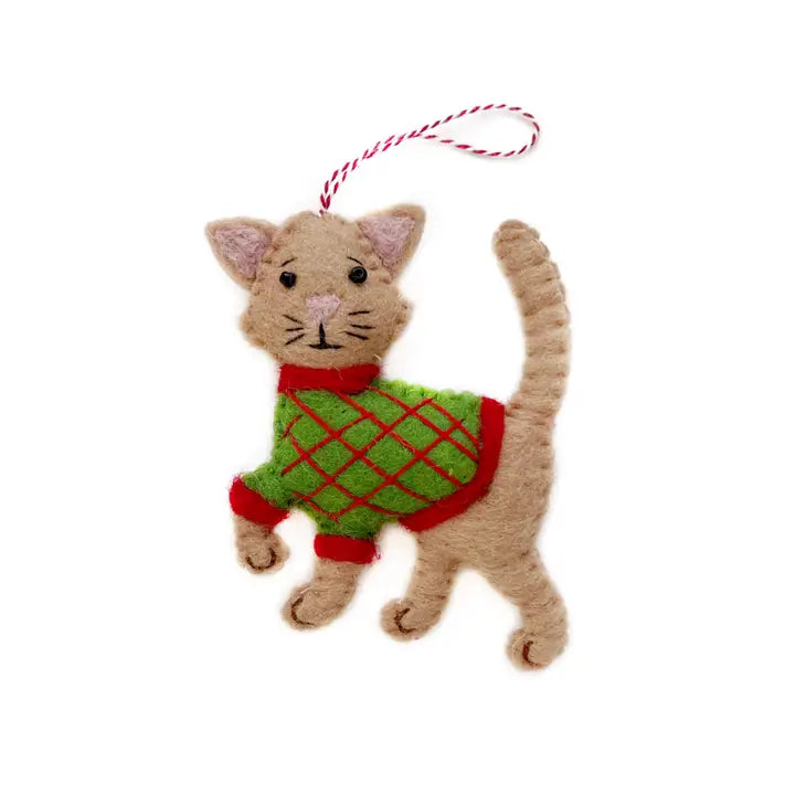 Tan Cat in Sweater Ornament, Felt Wool