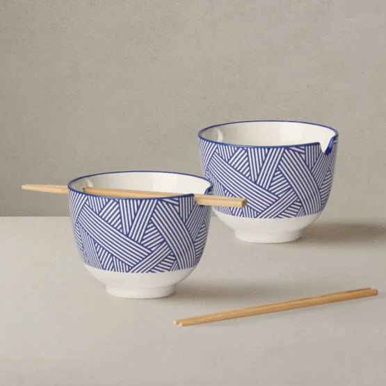 Kiri Porcelain Noodle Bowl with Chopsticks Set of 2 - Blue Zen Weave