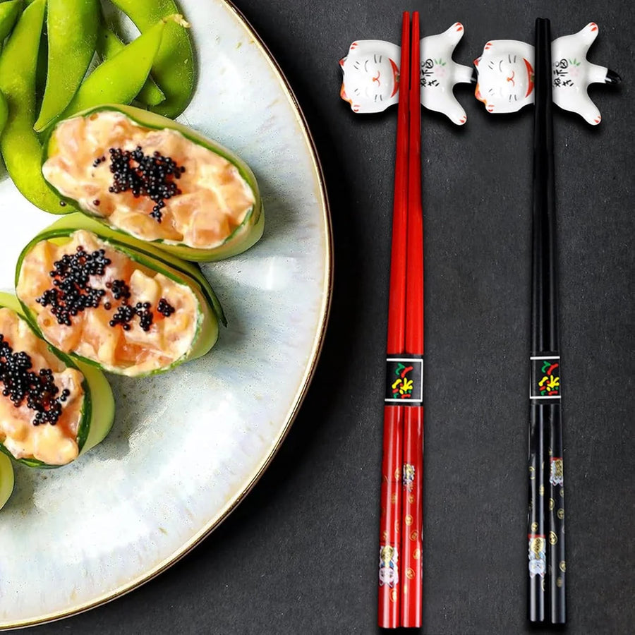 Red & Black Lucky Cat Bamboo Chopsticks