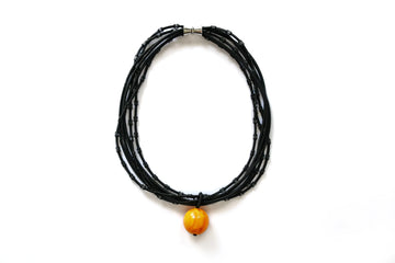 Multi Strand Textured Black Wire Necklace with Yellow Resin Bead