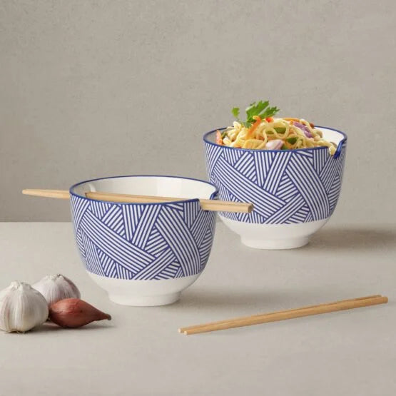 Kiri Porcelain Noodle Bowl with Chopsticks Set of 2 - Blue Zen Weave