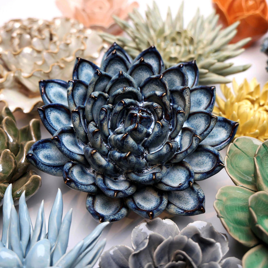 Ceramic Flower Wall Art Collection 6 Succulent Blue