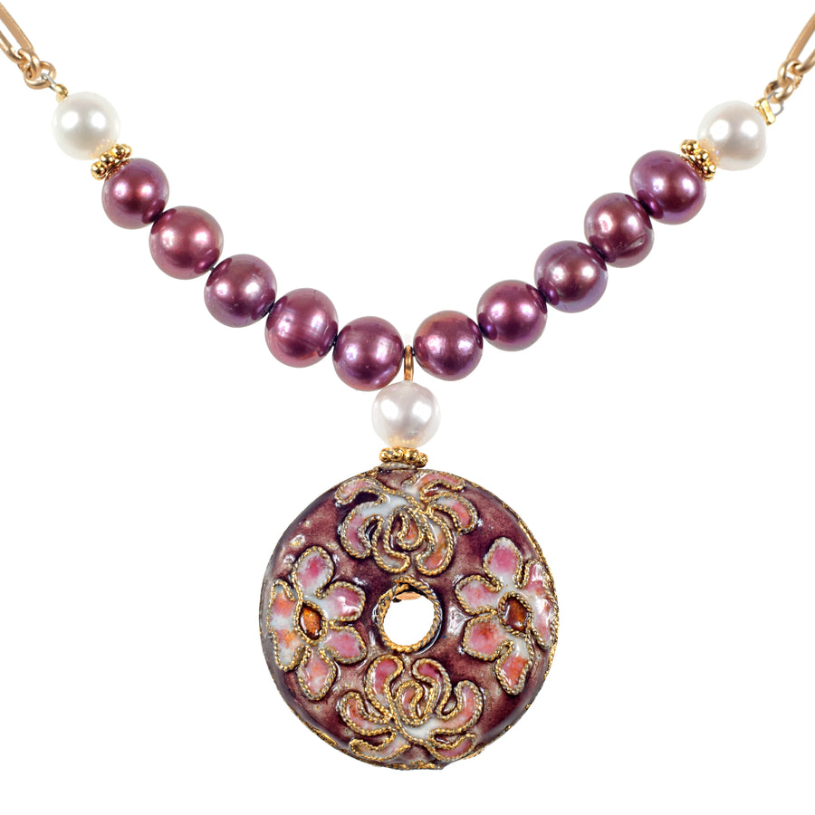 Purple Cloisonne Ring with Pearls Necklace