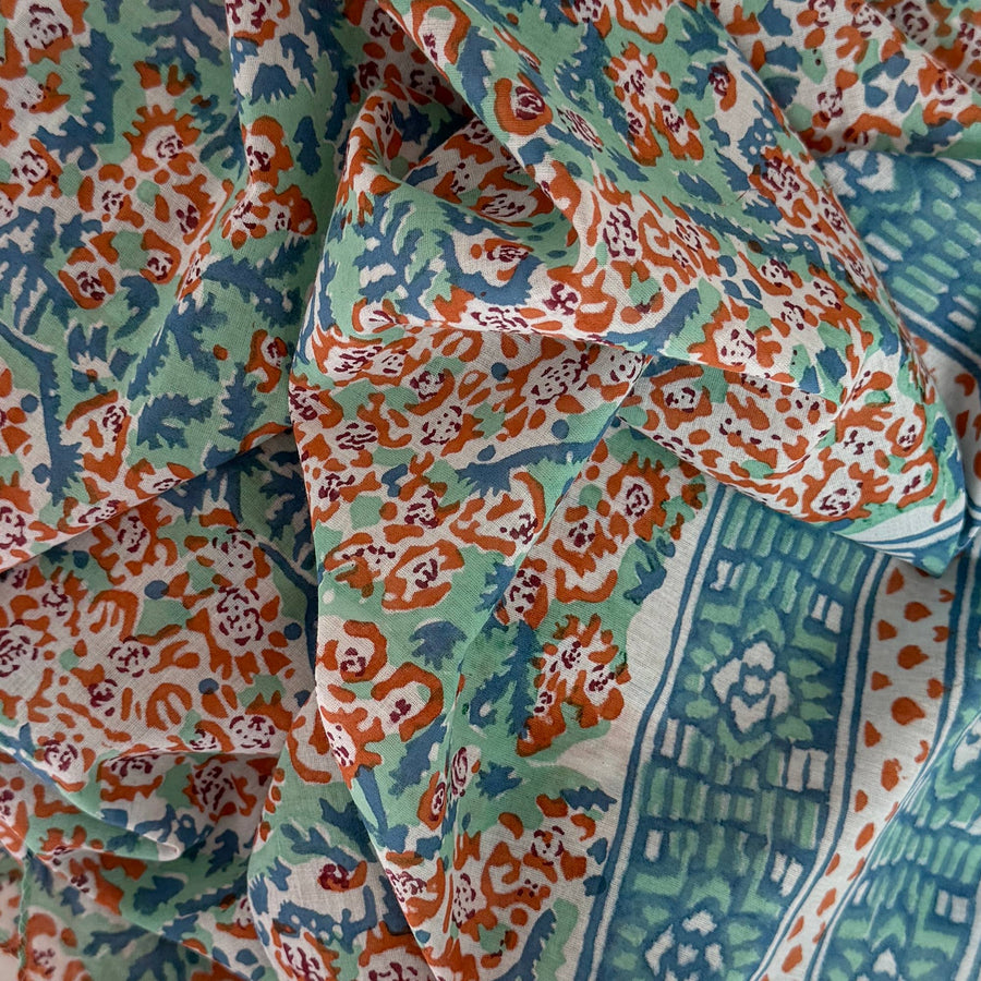 Amara Hand Block Printed Scarf: Lt. Green/Coral