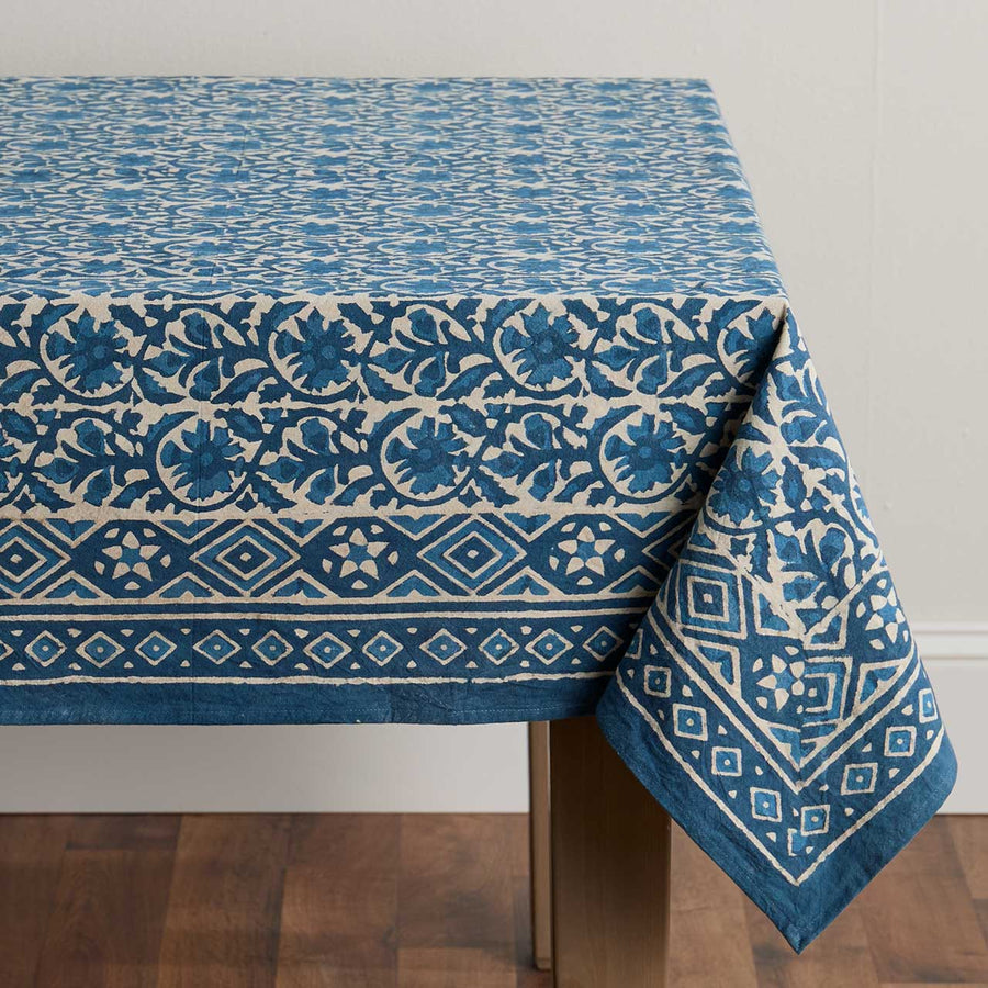 Indigo Dabu Jasmine Block Print Tablecloth
