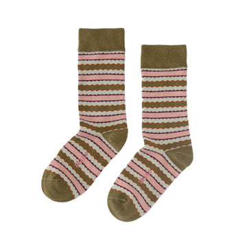 women's scalloped stripe - organic cotton socks crew - olive