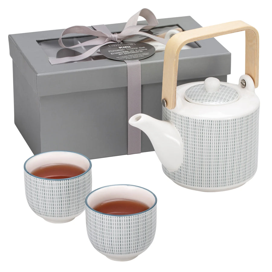 Kiri 3 Piece Porcelain Teapot Set - Grey With Blue Trim