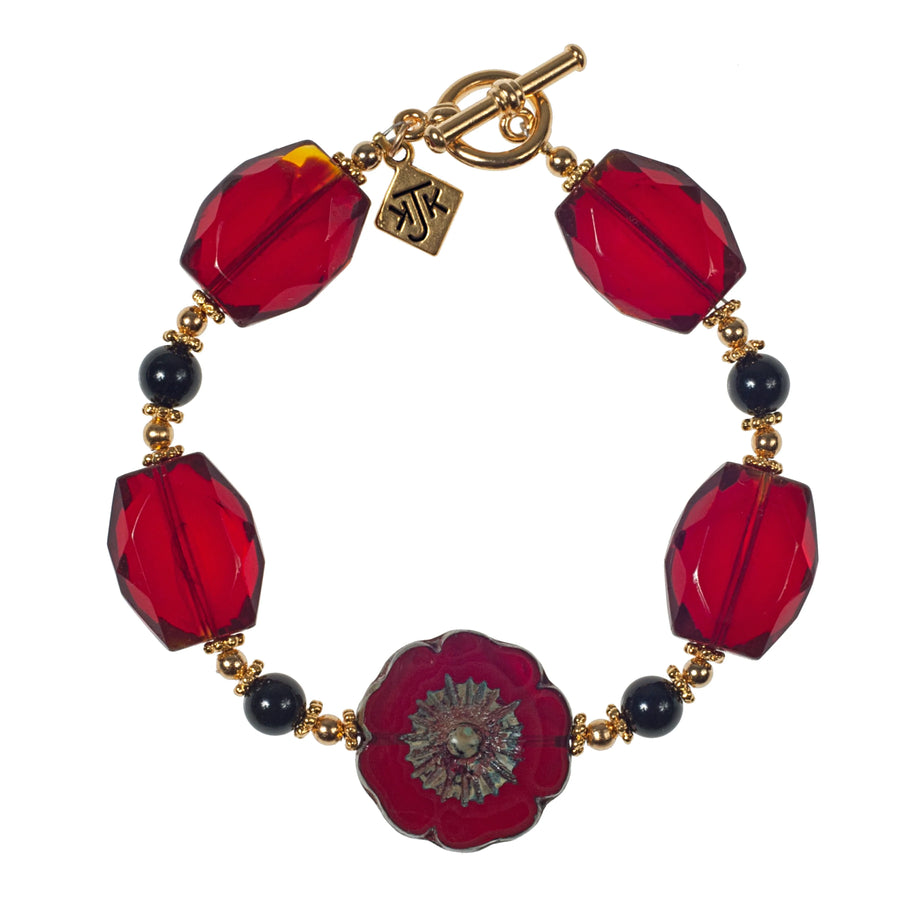 Red Bohemian Glass Flower Bracelet with Onyx and Faceted Glass