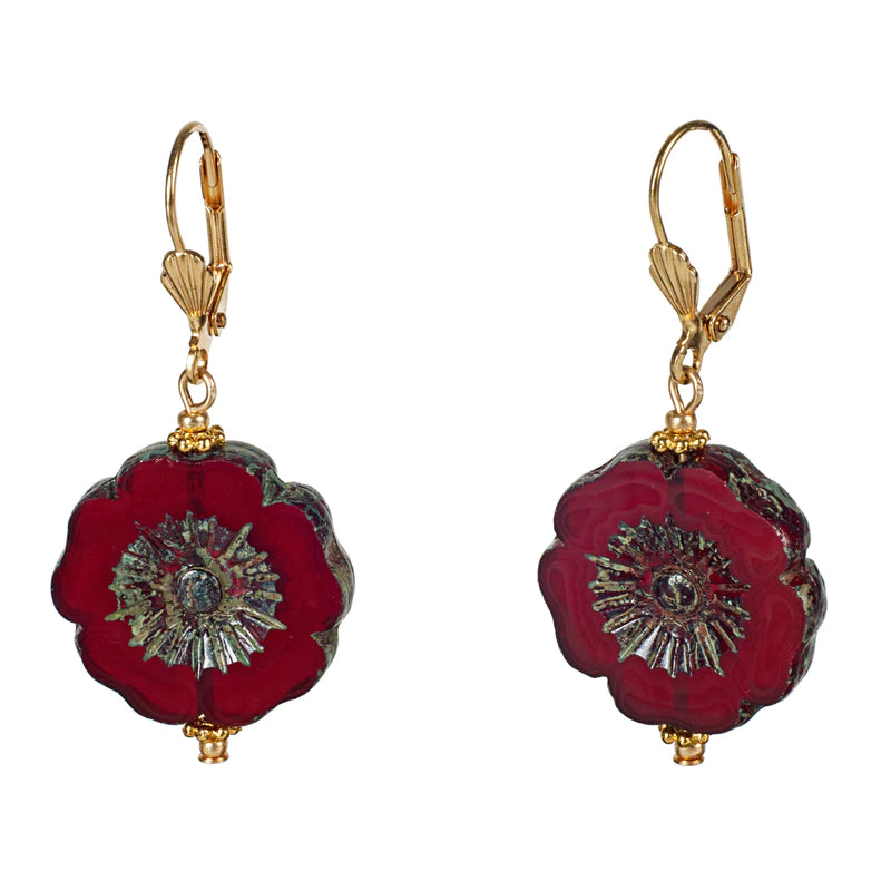 Red Bohemian Glass Flower Earrings