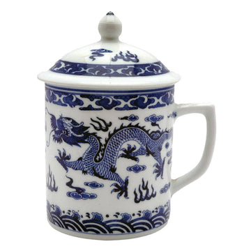 Blue & White Dragon Print Mug With Lid
